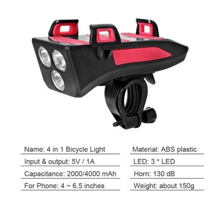 USB Rechargeable LED Bike Headlight Bike Horn Phone Holder Powerbank for Night Riding